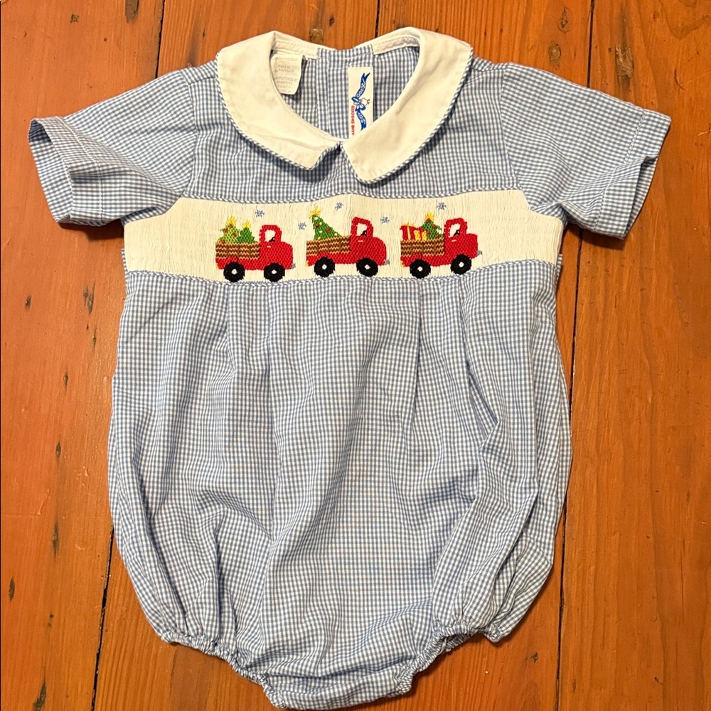Silly Goose Blue Gingham Baby Bubble Romper with Train Embroidery